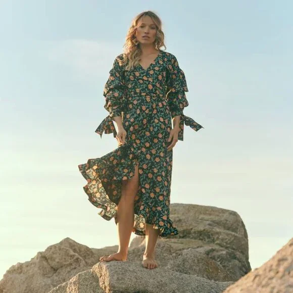 Ellen Ruffled Wrap Dress - Faded Black/Bright Clementine & Moss Floral - Picture 2 of 2